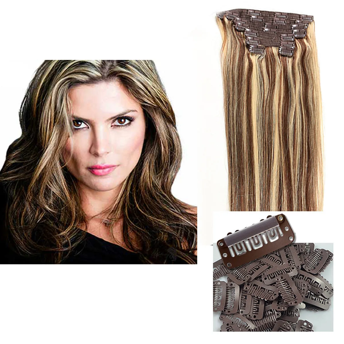 16" Clip In Remy Hair Extensions: Dark Brown/ Monroe Blonde No. P4-613