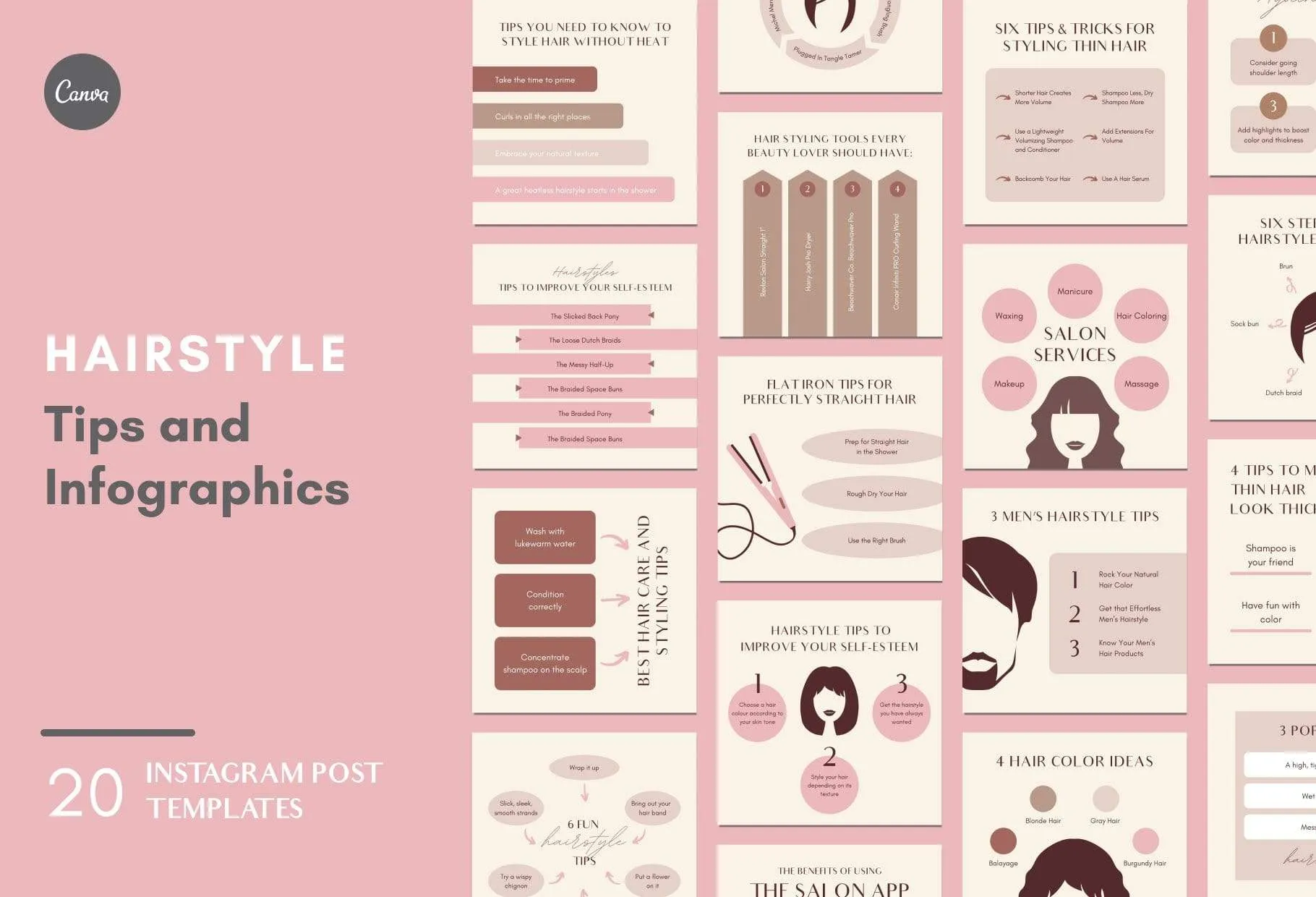20 Hairstyle Tips and Infographics Instagram Engagement Posts Fully Editable Canva Templates