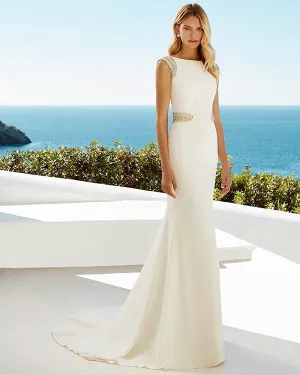 2019 Mermaid Satin Wedding Dresses Scoop Satin Beaded Bridal Gown Backless