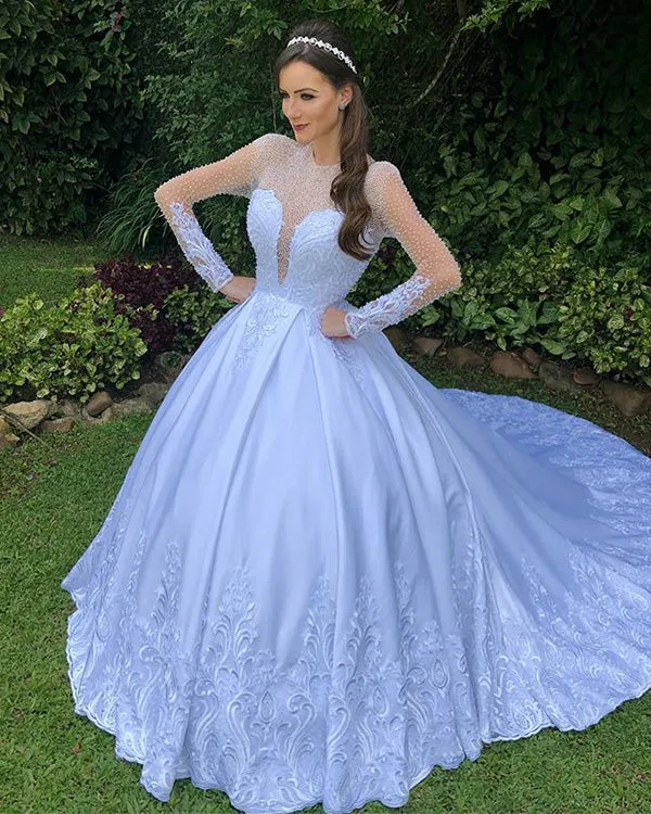 2019 Sexy Sheer Long Sleeve Wedding Dress Beadings O-Neck Lace Bridal Wedding Ball Gown