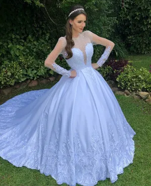 2019 Sexy Sheer Long Sleeve Wedding Dress Beadings O-Neck Lace Bridal Wedding Ball Gown