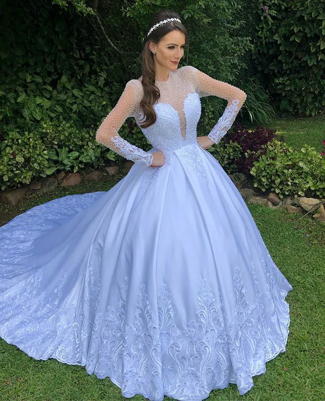 2019 Sexy Sheer Long Sleeve Wedding Dress Beadings O-Neck Lace Bridal Wedding Ball Gown