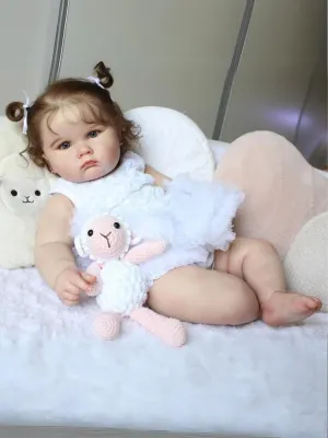 24" Realistic Lifelike Baby Doll with Curly Hair in Elegant White Dress