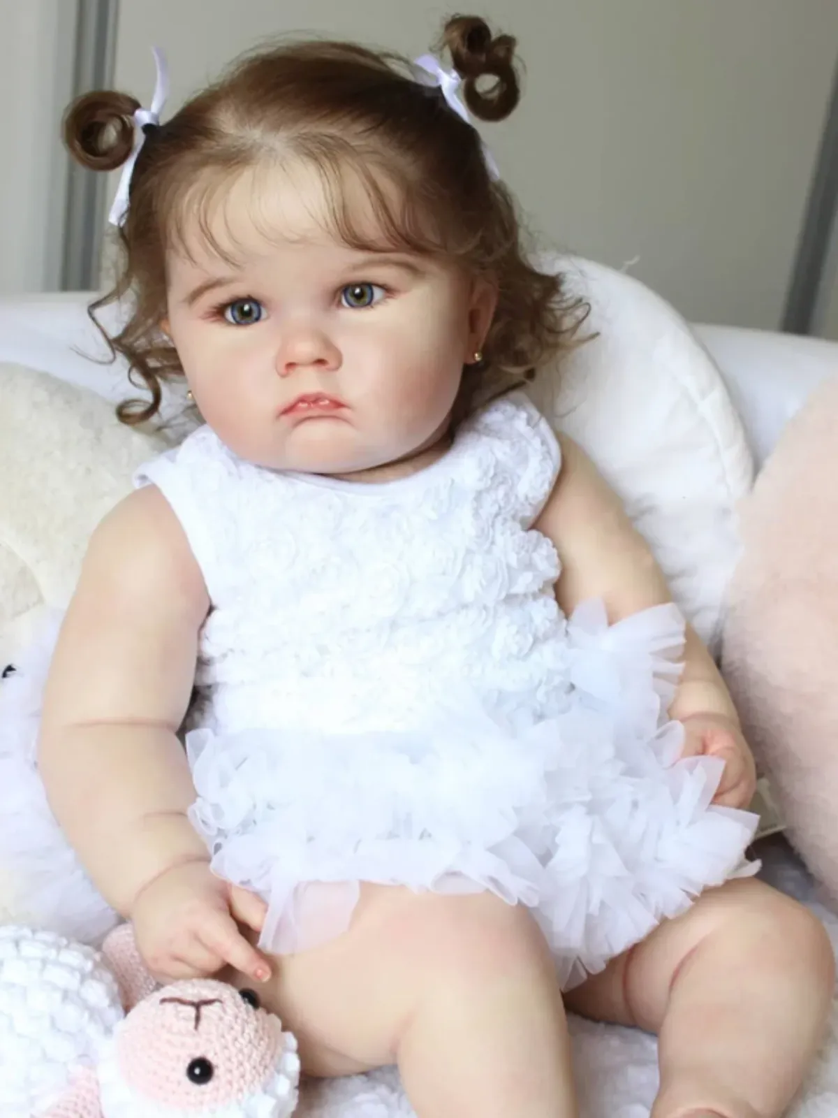 24" Realistic Lifelike Baby Doll with Curly Hair in Elegant White Dress