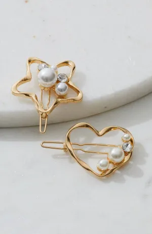 2pc Pearl Heart   Star Hair Clip Set