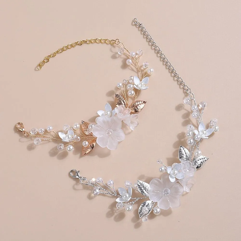 3 PC Bride Flower Pearl Gem Hair Jewelry Set, Rhinestone Crystal Boho Wedding Hair Vine Gold Headpiece, Bridal Headband and Earrings Set