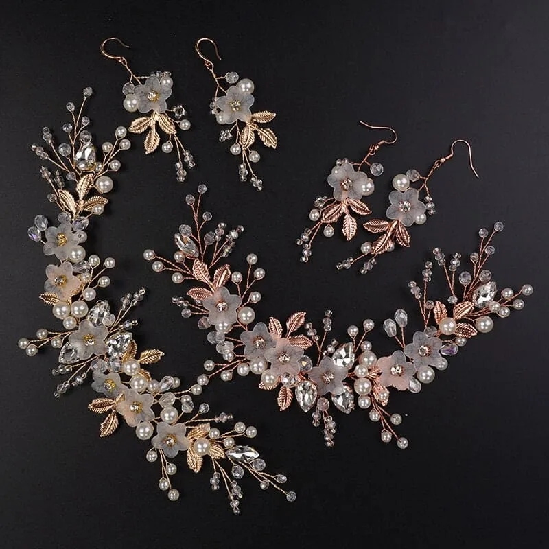 3 PC Bride Flower Pearl Gem Hair Jewelry Set, Rhinestone Crystal Boho Wedding Hair Vine Gold Headpiece, Bridal Headband and Earrings Set