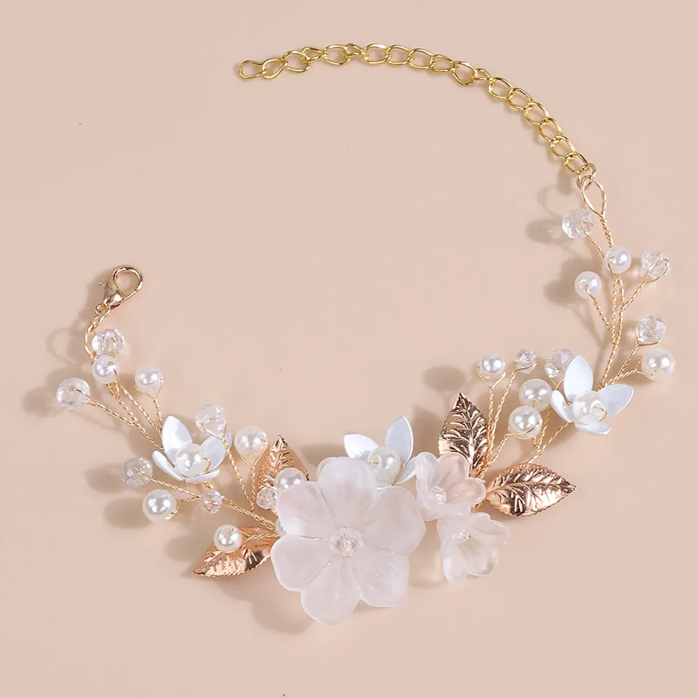3 PC Bride Flower Pearl Gem Hair Jewelry Set, Rhinestone Crystal Boho Wedding Hair Vine Gold Headpiece, Bridal Headband and Earrings Set