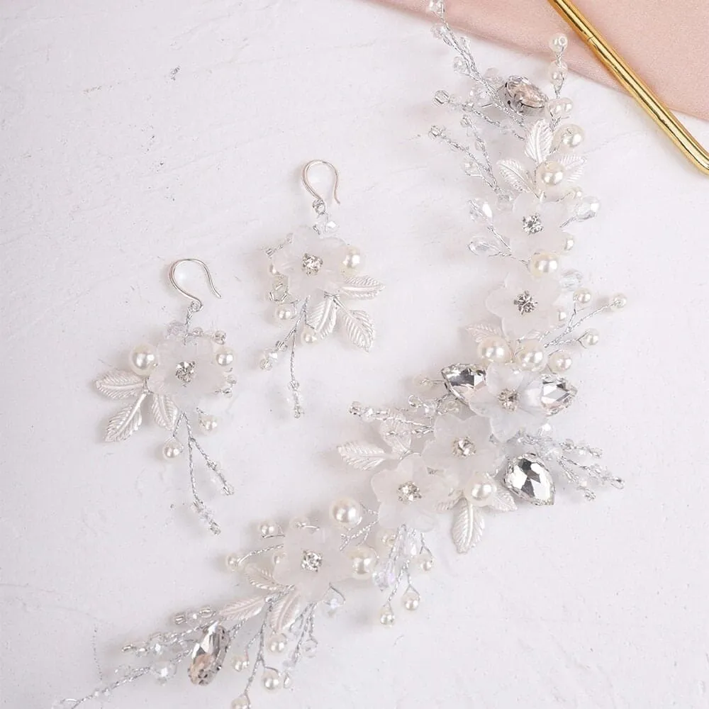 3 PC Bride Flower Pearl Gem Hair Jewelry Set, Rhinestone Crystal Boho Wedding Hair Vine Gold Headpiece, Bridal Headband and Earrings Set