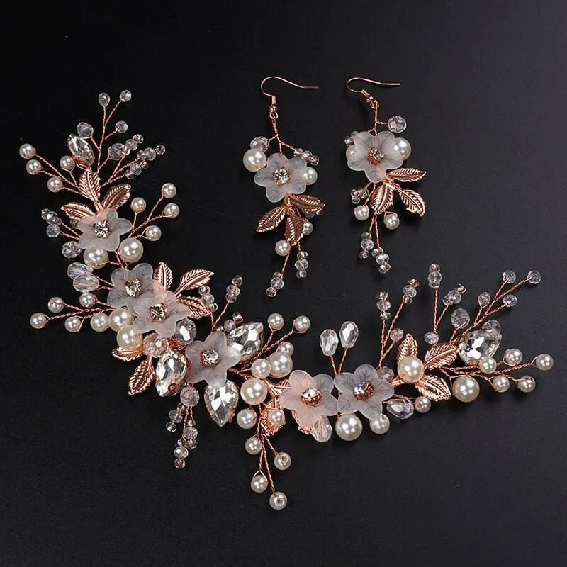 3 PC Bride Flower Pearl Gem Hair Jewelry Set, Rhinestone Crystal Boho Wedding Hair Vine Gold Headpiece, Bridal Headband and Earrings Set