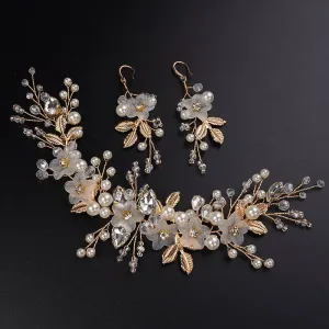 3 PC Bride Flower Pearl Gem Hair Jewelry Set, Rhinestone Crystal Boho Wedding Hair Vine Gold Headpiece, Bridal Headband and Earrings Set