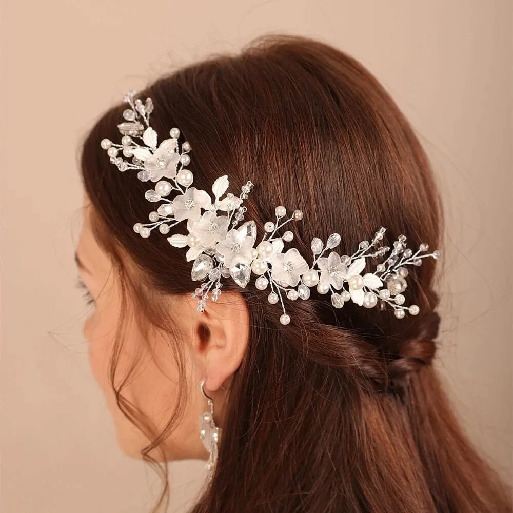 3 PC Bride Flower Pearl Gem Hair Jewelry Set, Rhinestone Crystal Boho Wedding Hair Vine Gold Headpiece, Bridal Headband and Earrings Set