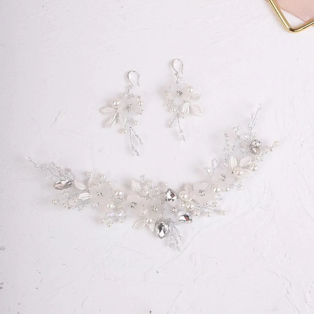 3 PC Bride Flower Pearl Gem Hair Jewelry Set, Rhinestone Crystal Boho Wedding Hair Vine Gold Headpiece, Bridal Headband and Earrings Set