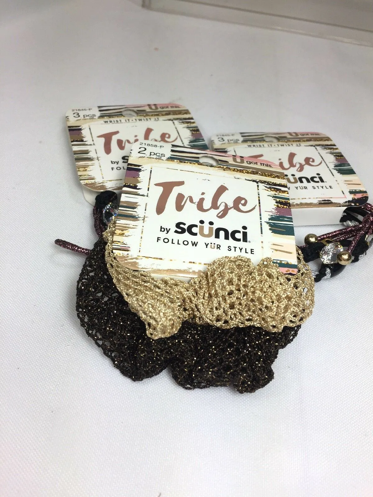(3) Scunci Tribe Follow Ur Style Hair Tie Wrist Twist Bracelet Festival Gold