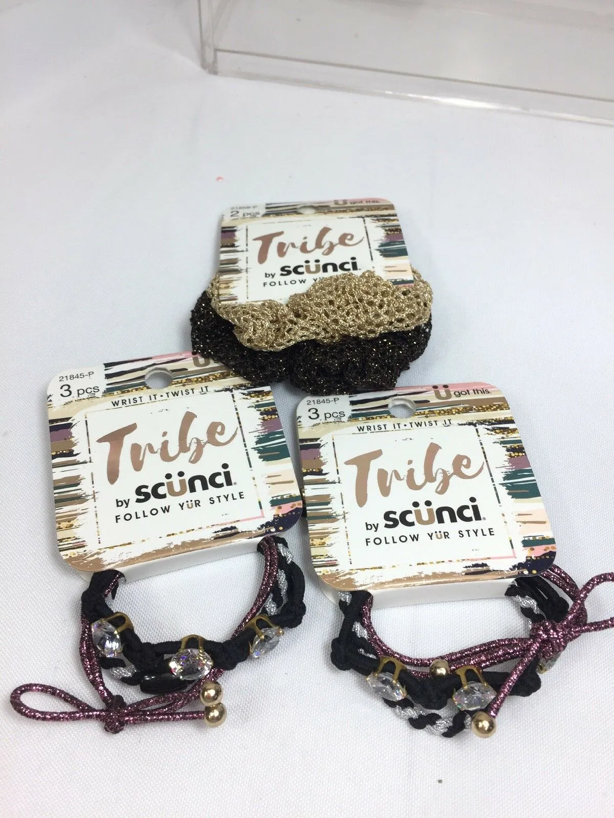 (3) Scunci Tribe Follow Ur Style Hair Tie Wrist Twist Bracelet Festival Gold