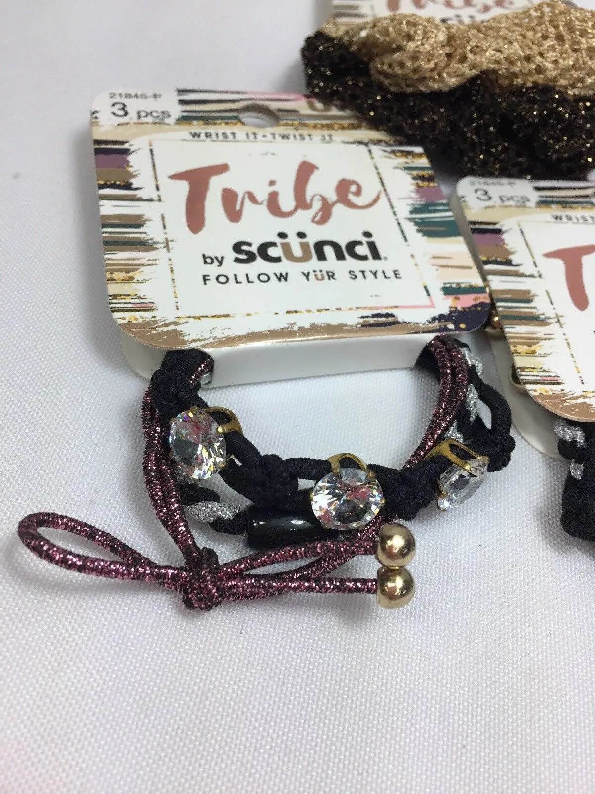 (3) Scunci Tribe Follow Ur Style Hair Tie Wrist Twist Bracelet Festival Gold