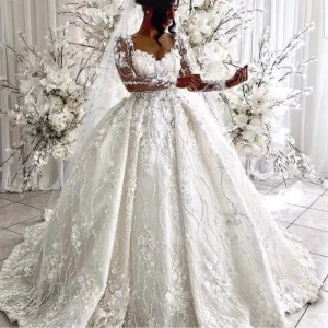 3D flowers ball gown wedding dresses 2020 lace appliqué boho elegant long sleeve princess wedding gowns vestido de novia