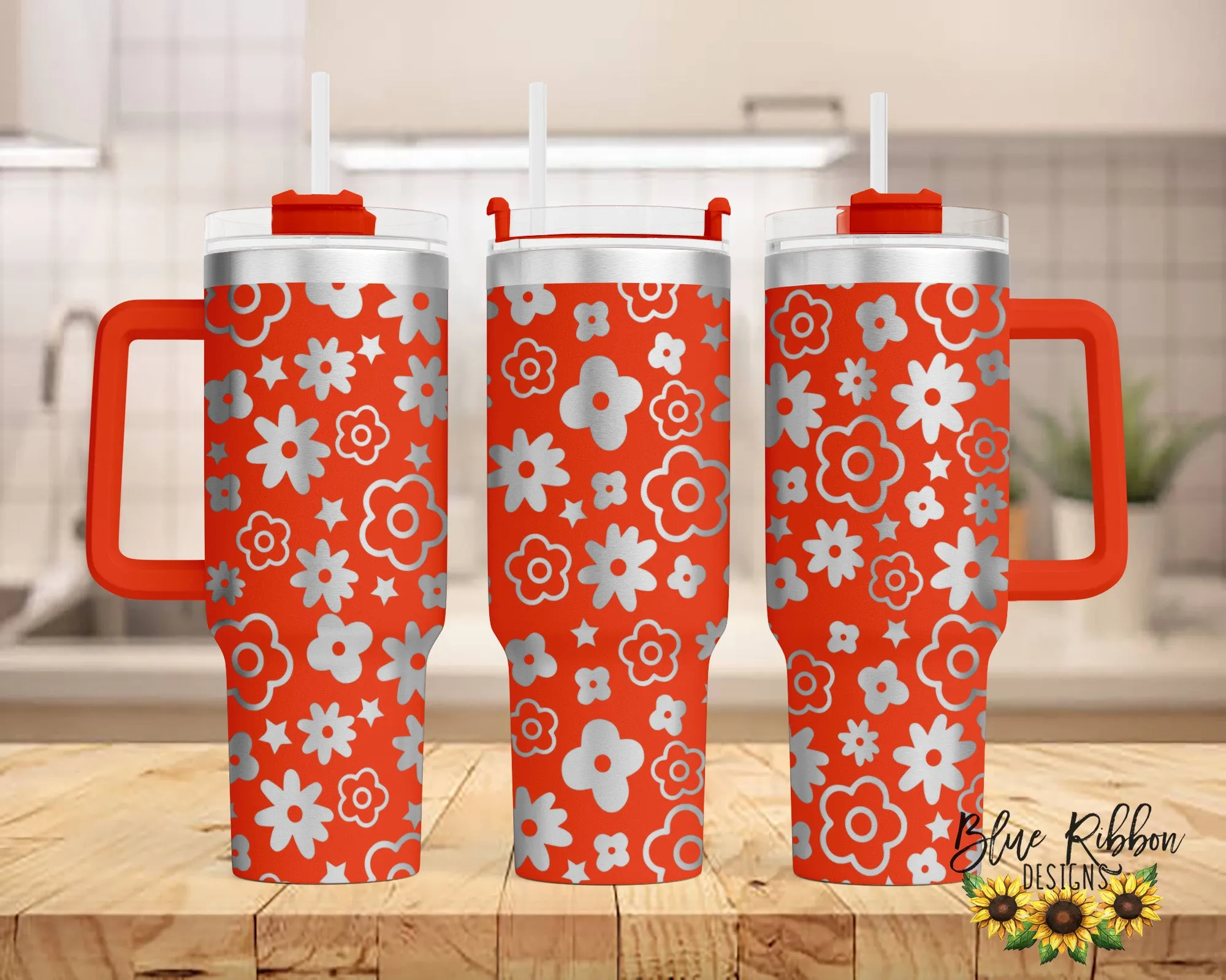 40 Ounce Stainless Tumbler with Handle - Retro Flowers