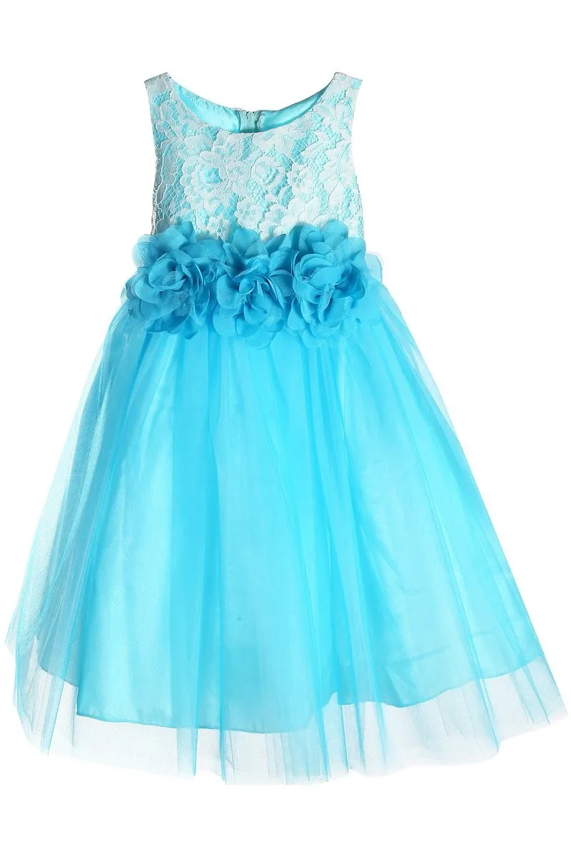 414F Lace Illusion Dress w/ 3 Mesh Flowers