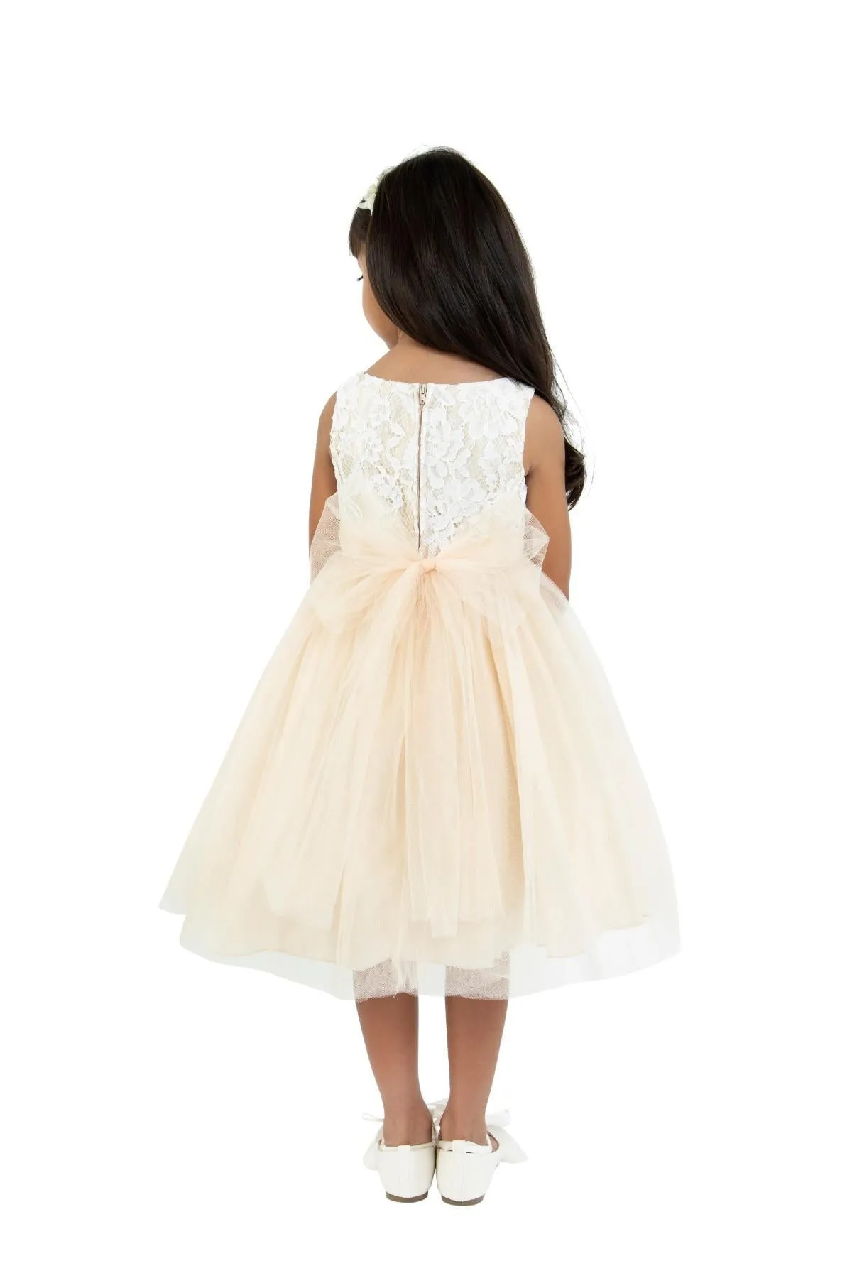 414F Lace Illusion Dress w/ 3 Mesh Flowers
