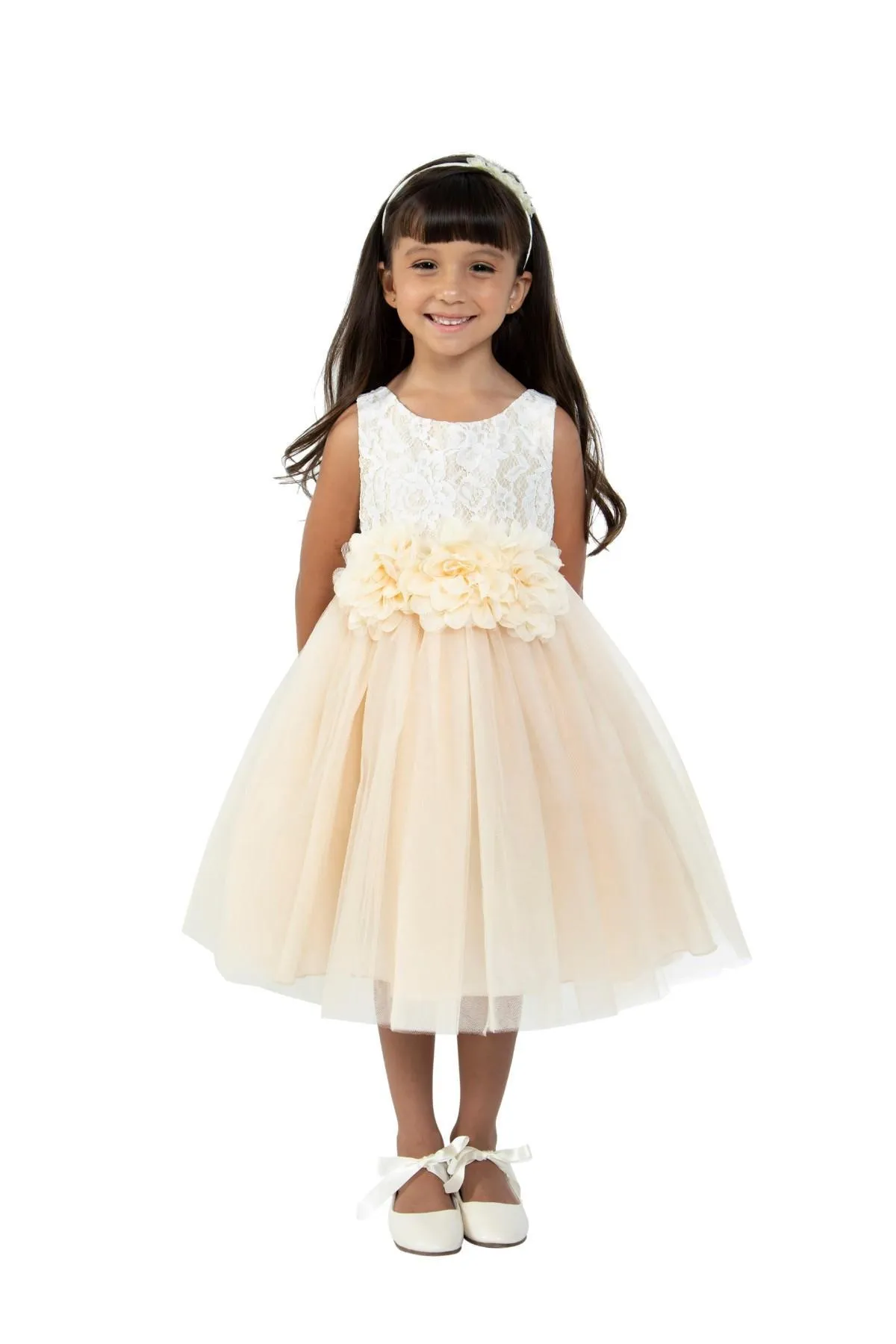 414F Lace Illusion Dress w/ 3 Mesh Flowers