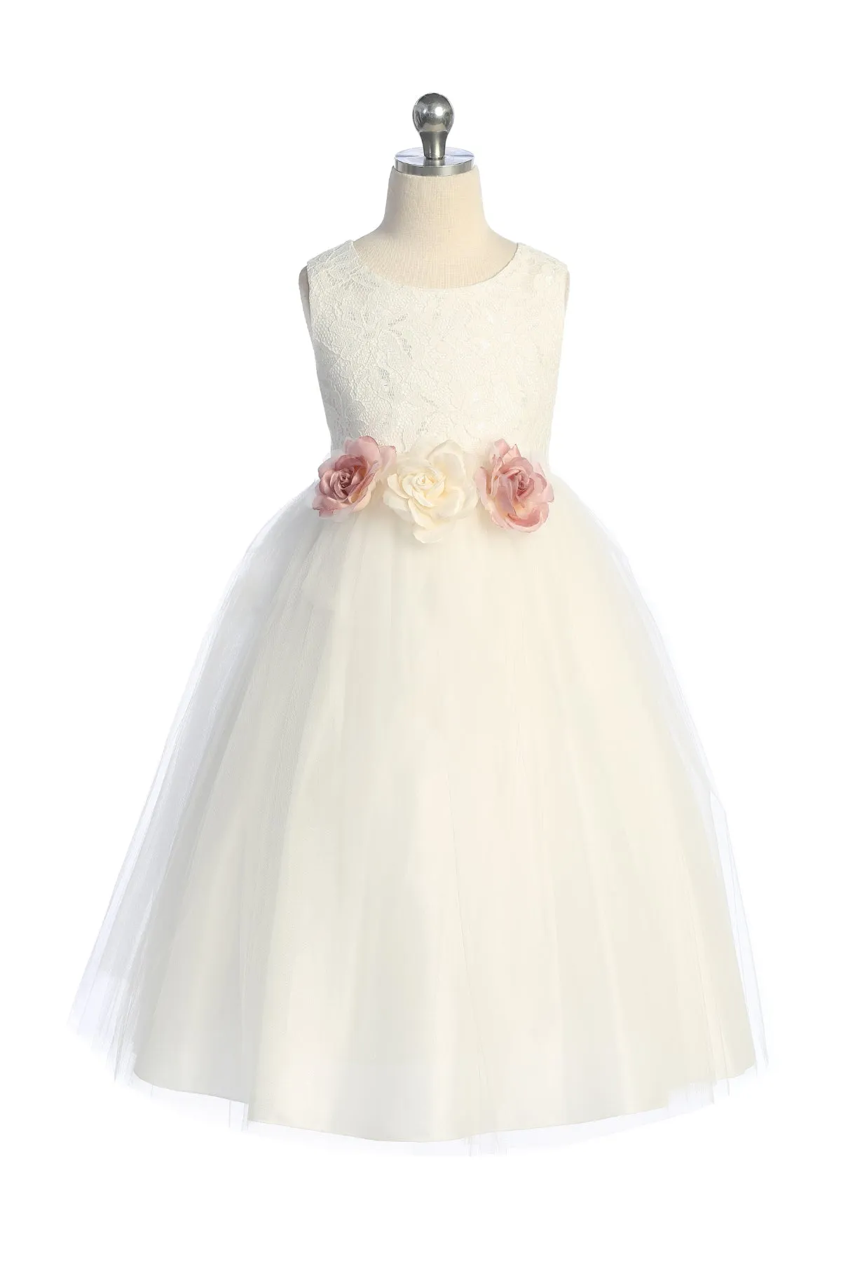 524-F Lace Illusion Long Dress w/ Flowers