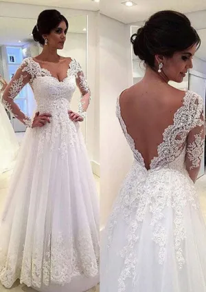 A-Line/Princess V Neck Open Back Sweep Train Lace Tulle Wedding Dress