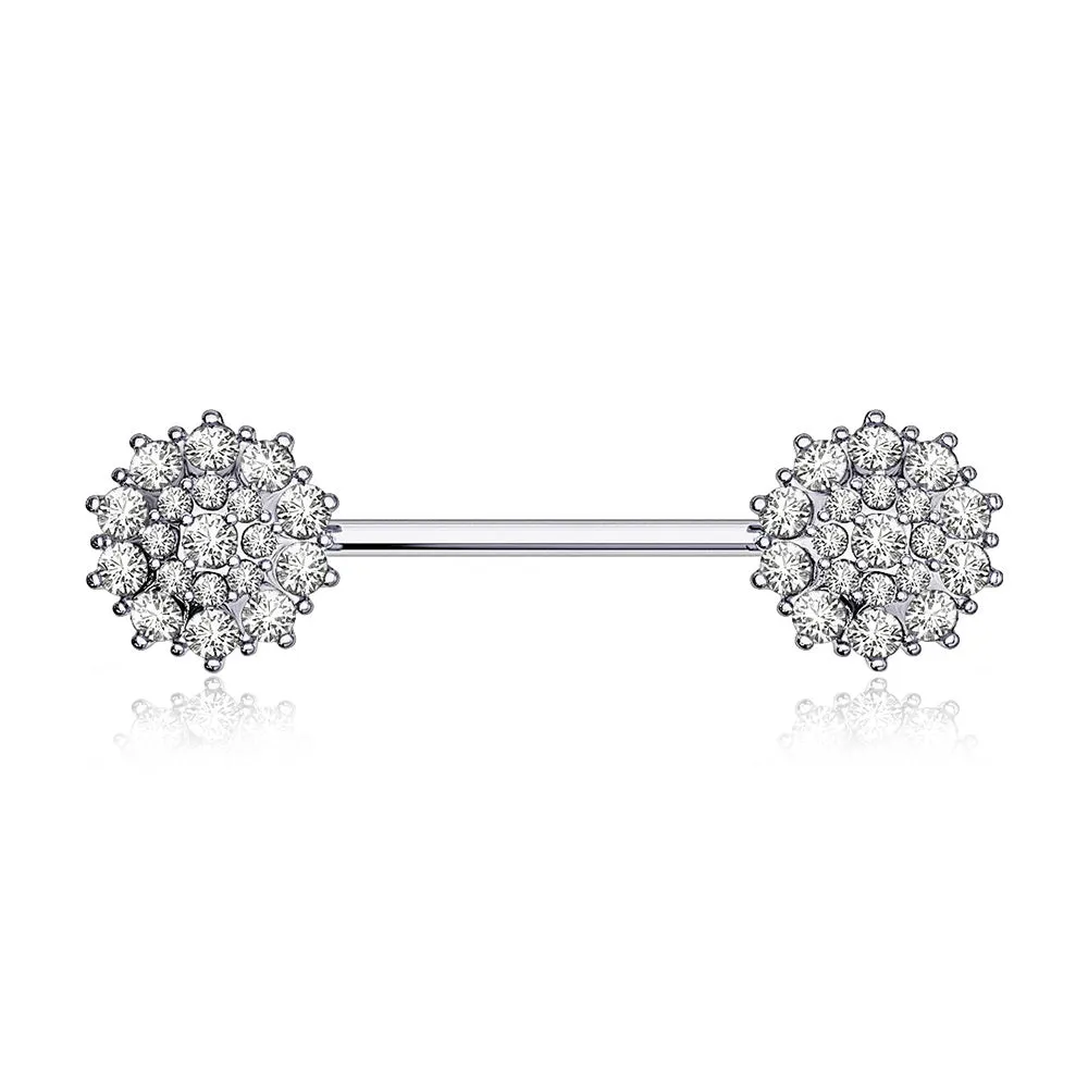 A Pair of 14 Karat White Gold Brilliant Sparkle Glam Flower Nipple Barbell