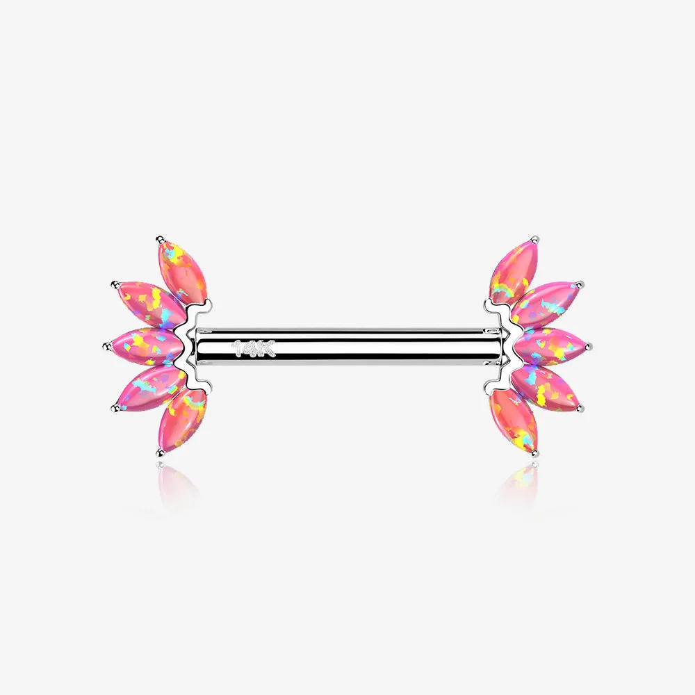 A Pair of 14 Karat White Gold OneFit Threadless Marquise Fire Opal Floral Nipple Barbell