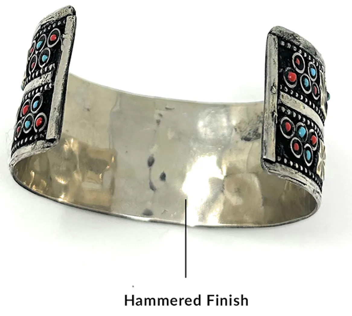 Afghan Tribal Womens Engraved Flowers Vintage Oxidized Handmade Artisans Turkman Cuff in Blue Stones - Bohemian Baloch Style - Duel On Jewel