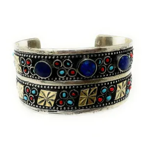 Afghan Tribal Womens Engraved Flowers Vintage Oxidized Handmade Artisans Turkman Cuff in Blue Stones - Bohemian Baloch Style - Duel On Jewel