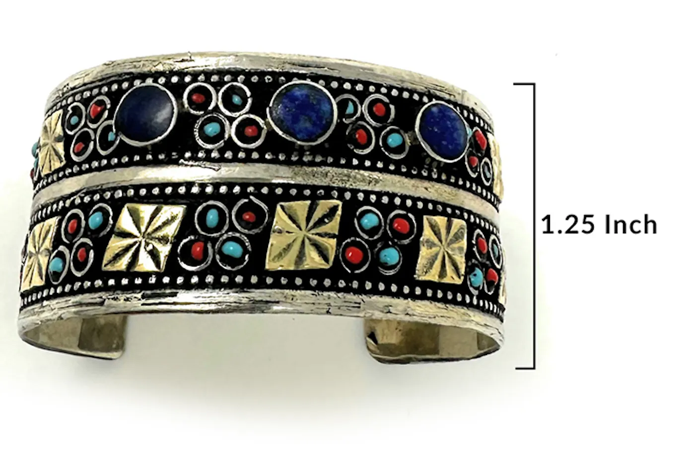 Afghan Tribal Womens Engraved Flowers Vintage Oxidized Handmade Artisans Turkman Cuff in Blue Stones - Bohemian Baloch Style - Duel On Jewel