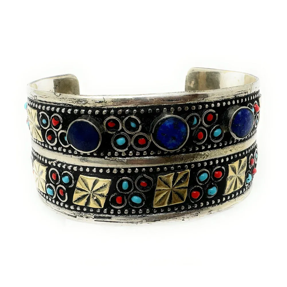 Afghan Tribal Womens Engraved Flowers Vintage Oxidized Handmade Artisans Turkman Cuff in Blue Stones - Bohemian Baloch Style - Duel On Jewel