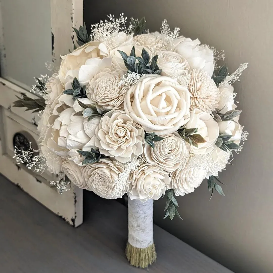 All Ivory Bouquet with Baby's Breath and Greenery