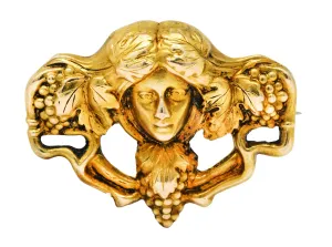 Art Nouveau 14 Karat Gold Dionysus Maenad Nymph Brooch