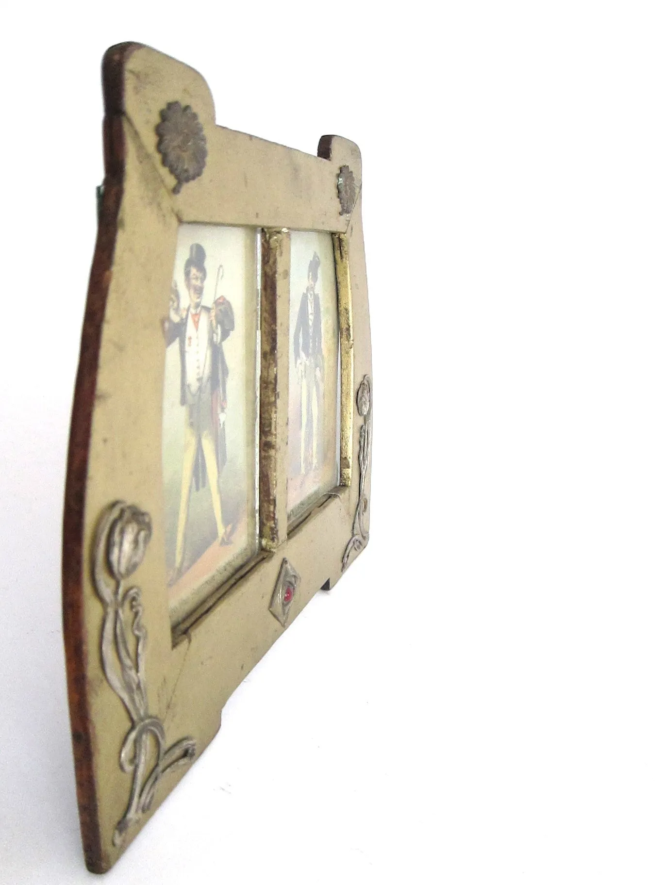 Art Nouveau Wood & Sterling Silver Double Picture Frame