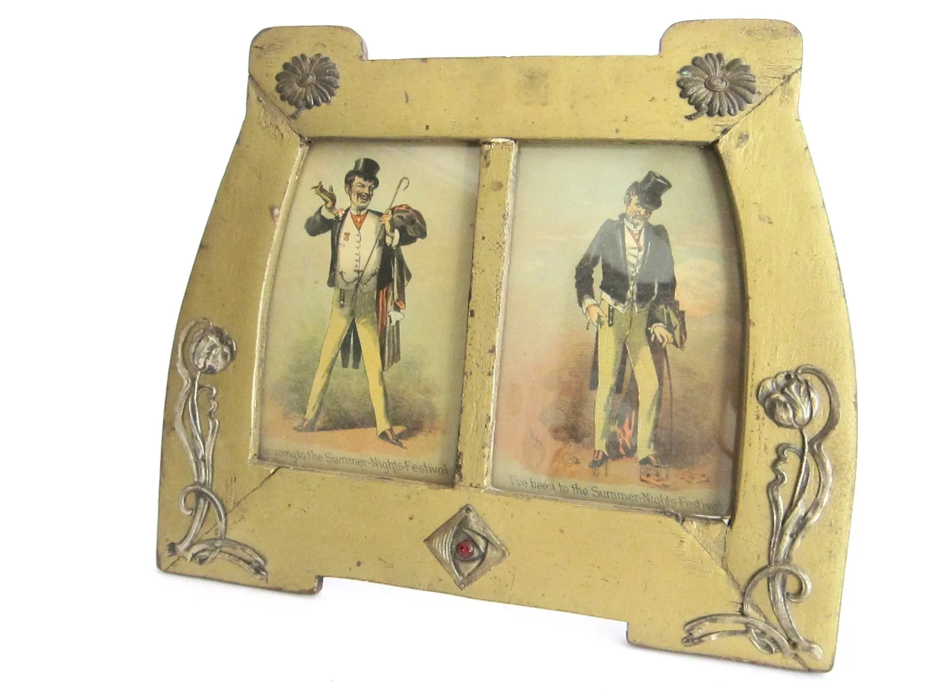 Art Nouveau Wood & Sterling Silver Double Picture Frame