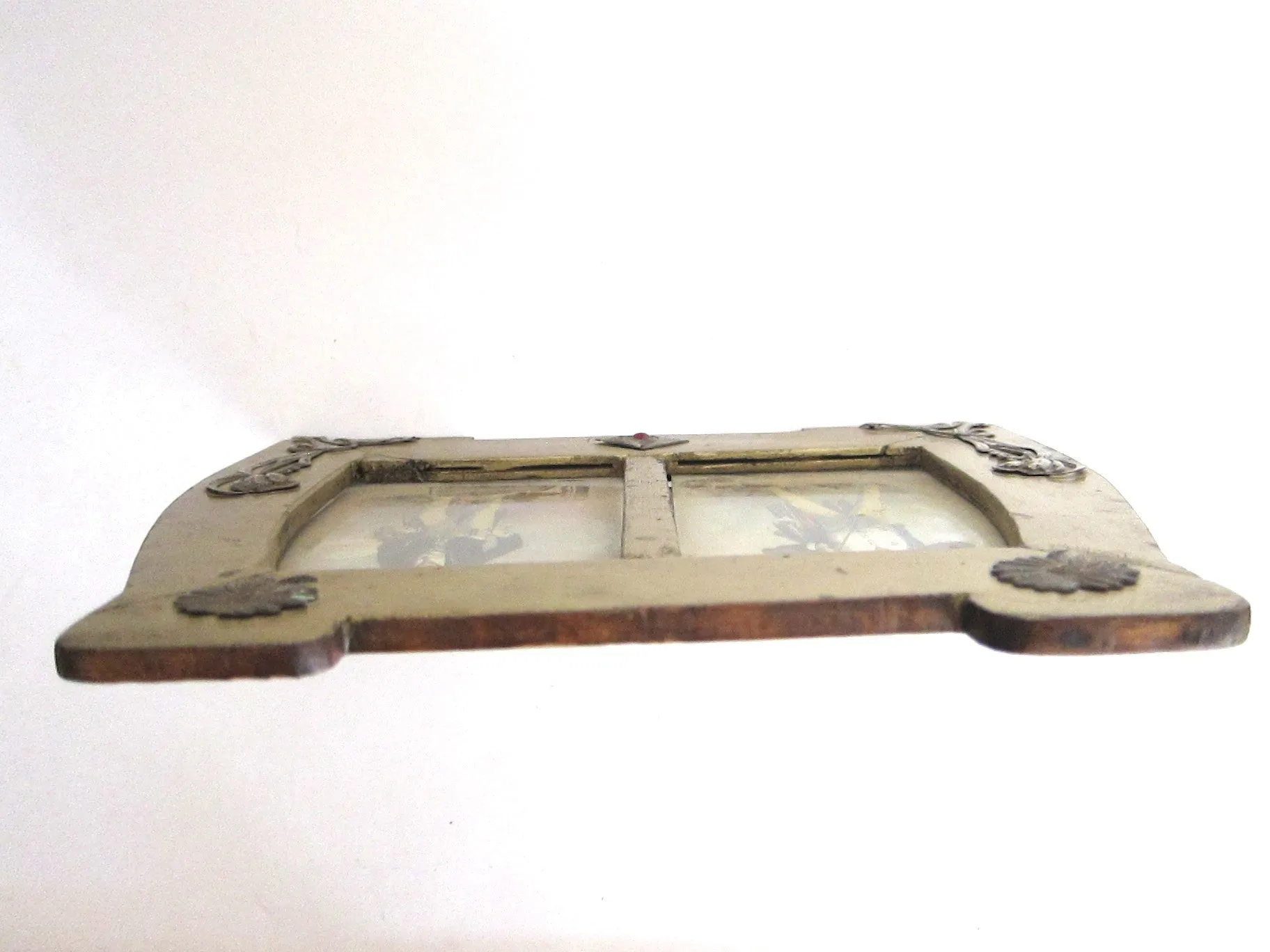 Art Nouveau Wood & Sterling Silver Double Picture Frame
