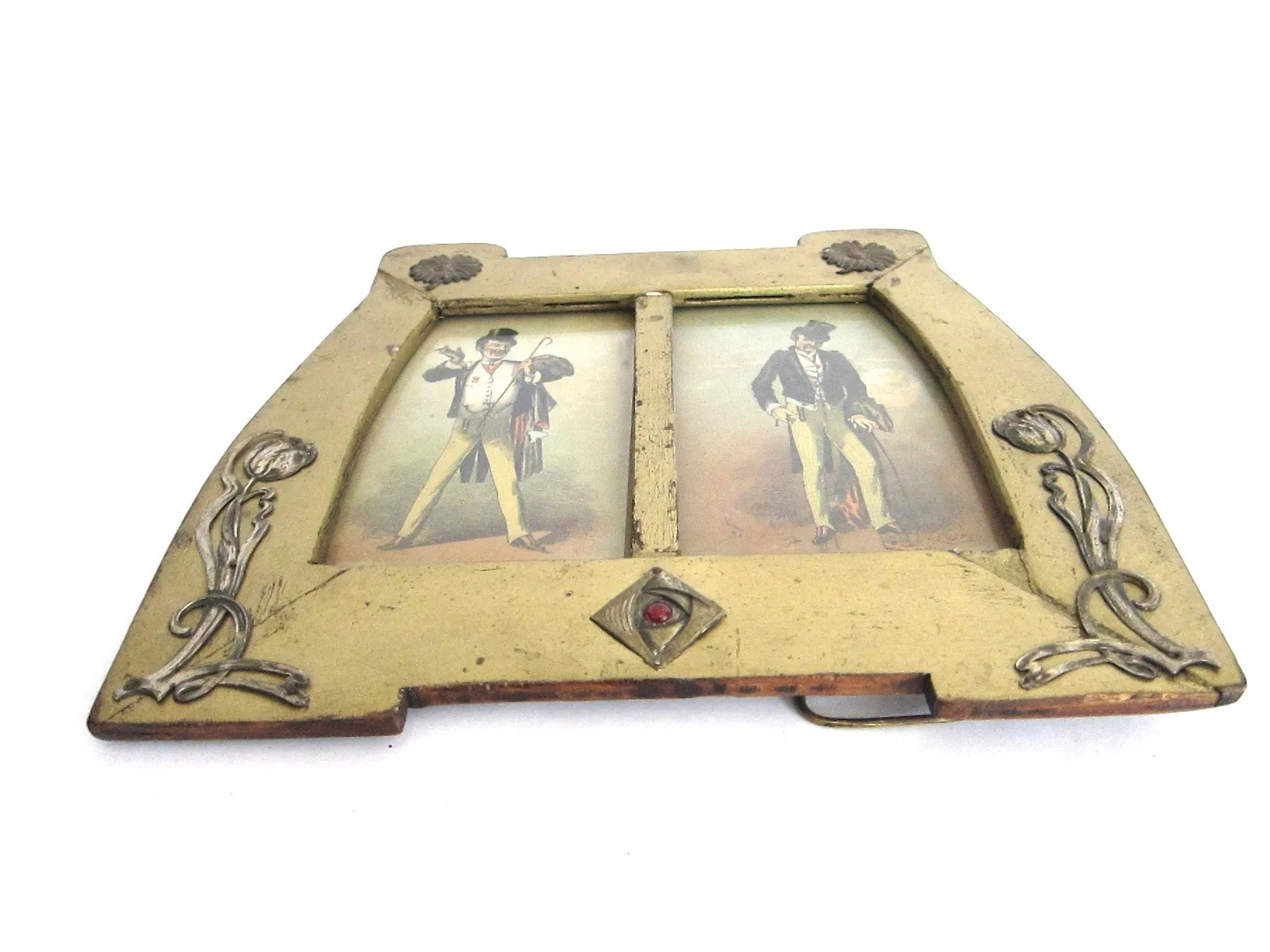 Art Nouveau Wood & Sterling Silver Double Picture Frame