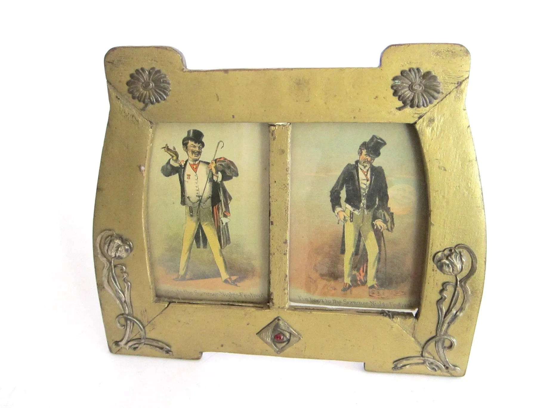 Art Nouveau Wood & Sterling Silver Double Picture Frame