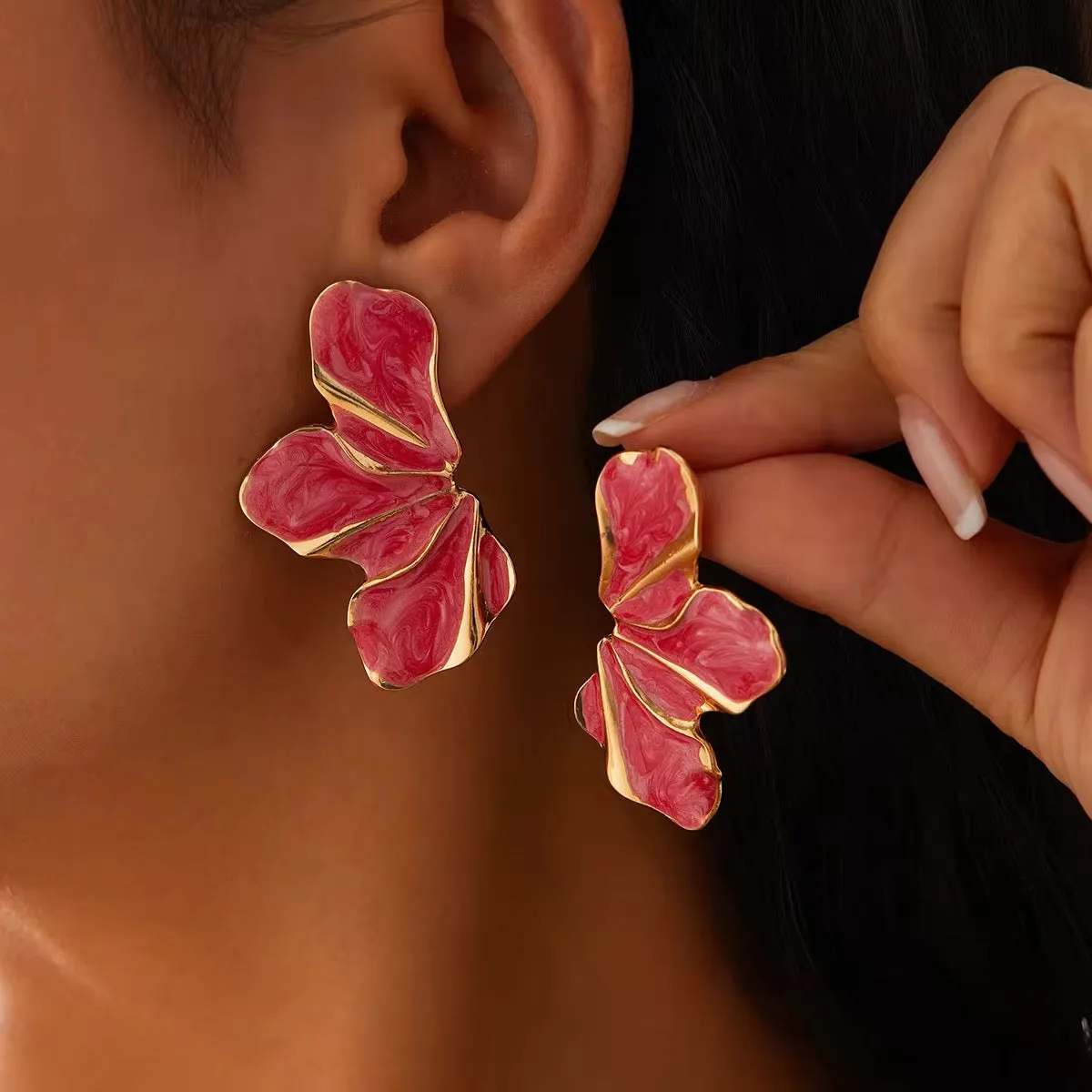 Asymmetric Charming Enamel Flower Petal Stud Earrings