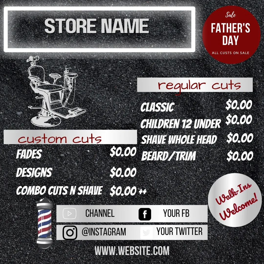 BARBER Shop Cuts Price List template Buy 1 get 2 free, Barber Flyer, diy , Pricelist Flyer, Haircut Flyer - Edit with Canva all 3 flyers