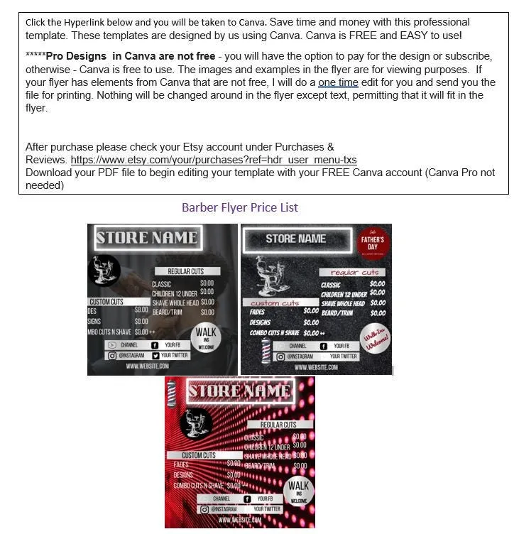 BARBER Shop Cuts Price List template Buy 1 get 2 free, Barber Flyer, diy , Pricelist Flyer, Haircut Flyer - Edit with Canva all 3 flyers