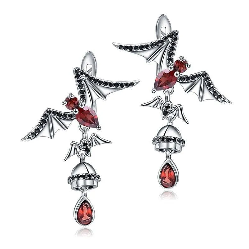Bat Shaped Natural Garnet Vintage Gothic Punk Earrings