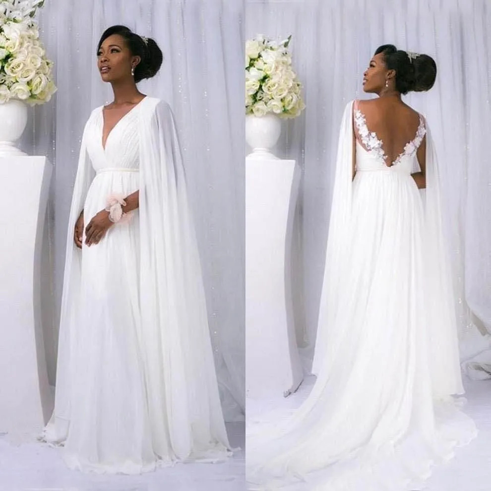 Beach Wedding Dresses with Cape 2019 African Summer Bohmiean Country Pregnant Bridal Gowns