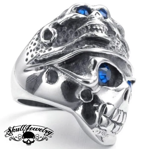 Behind Blue Eyes - Two Faces / Blue Stone Eyes Skull Ring (#274)