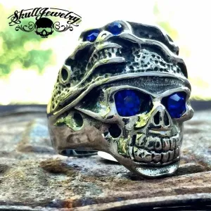 Behind Blue Eyes - Two Faces / Blue Stone Eyes Skull Ring (#274)