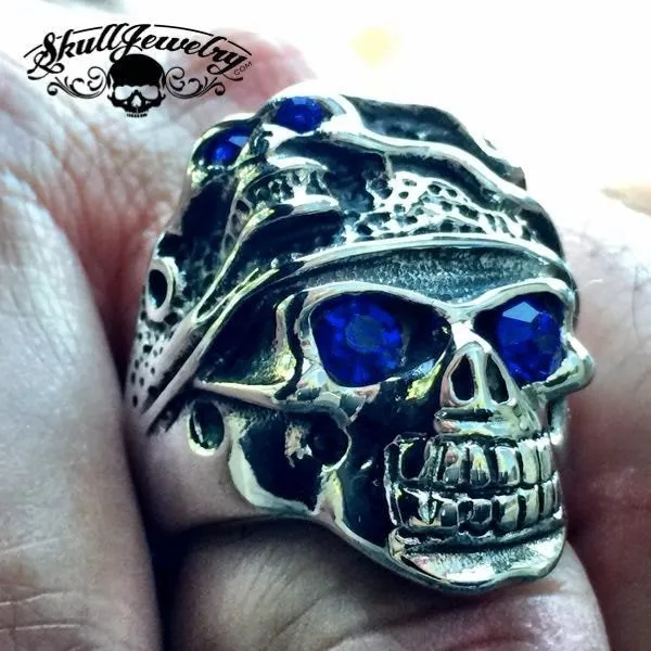 Behind Blue Eyes - Two Faces / Blue Stone Eyes Skull Ring (#274)
