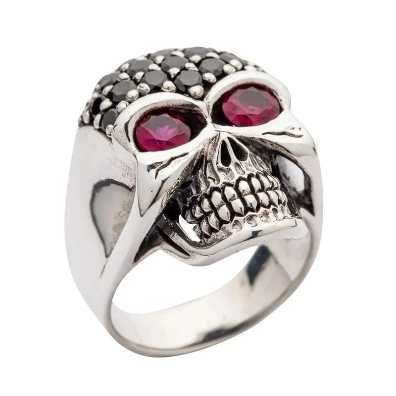 Black Crystal Forehead 925 Sterling Silver Women's Skull Ring