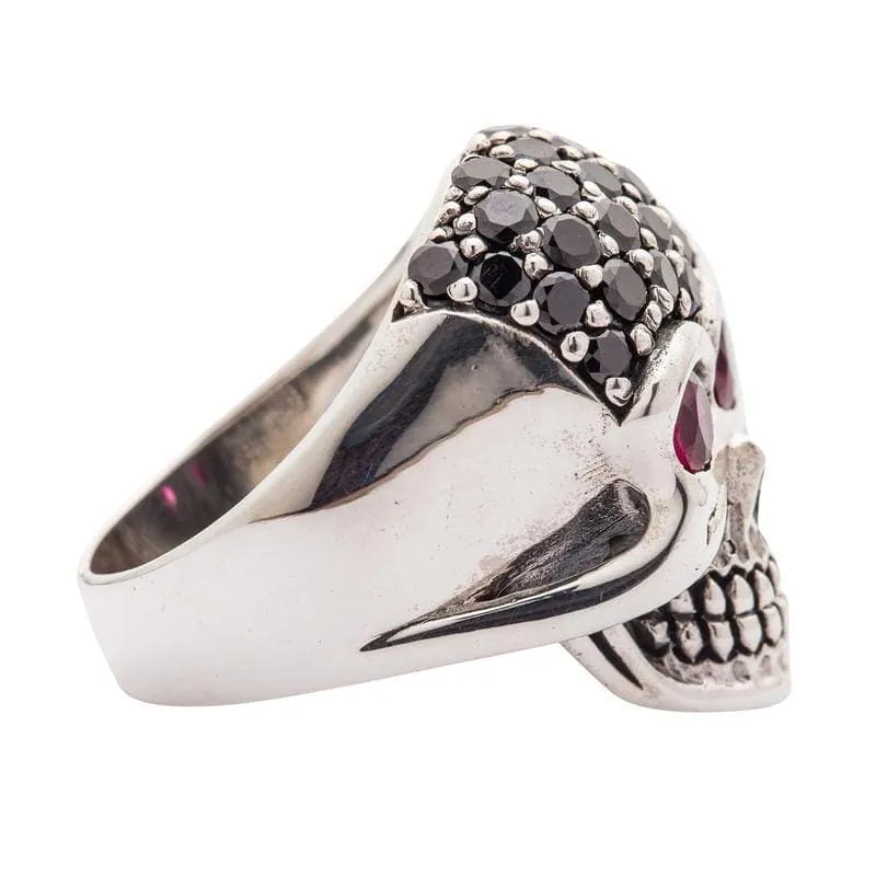 Black Crystal Forehead 925 Sterling Silver Women's Skull Ring